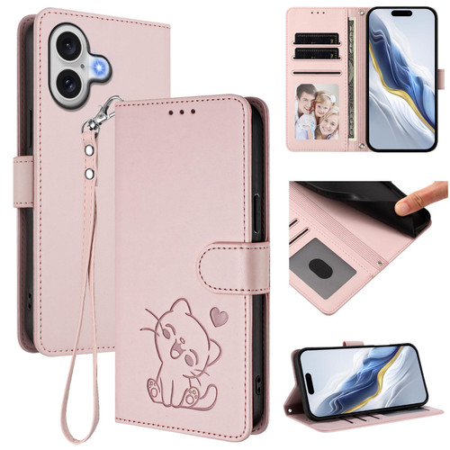 iPhone 17 Embossed Heart Cat Leather Phone Case with Hand Strap - Pink