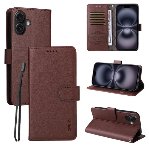 iPhone 17 ENKAY RFID Blocking Wallet Kickstand Litchi Texture Leather Phone Case - Brown