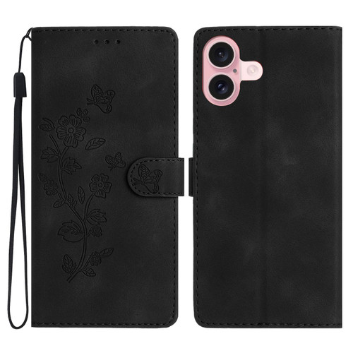 iPhone 17 Flower Butterfly Embossing Pattern Leather Phone Case - Black iPhone 17 Flower Butterfly Embossing Pattern Leather Phone Case - Black