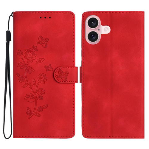 iPhone 17 Flower Butterfly Embossing Pattern Leather Phone Case - Red