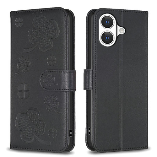 iPhone 17 Four-leaf Embossed Leather Phone Case - Black