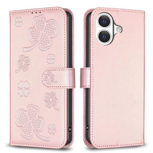 iPhone 17 Four-leaf Embossed Leather Phone Case - Pink