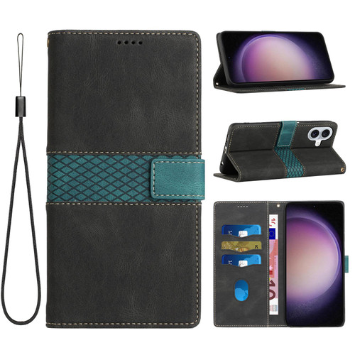 iPhone 17 Grid Stitching Leather Phone Case with Lanyard - Black