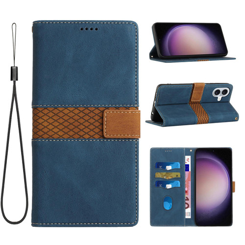iPhone 17 Grid Stitching Leather Phone Case with Lanyard - Blue