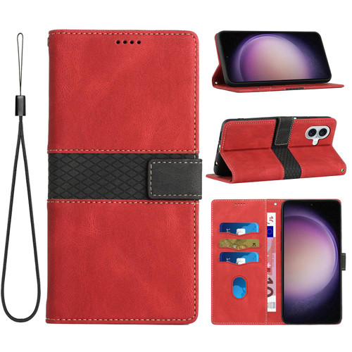 iPhone 17 Grid Stitching Leather Phone Case with Lanyard - Red