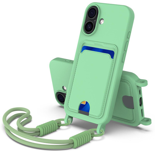 iPhone 17 Integrated Card Bag Solid Color Liquid Silicone Phone Case Gen2 with Short Lanyard - Green iPhone 17 Integrated Card Bag Solid Color Liquid Silicone Phone Case Gen2 with Short Lanyard - Green