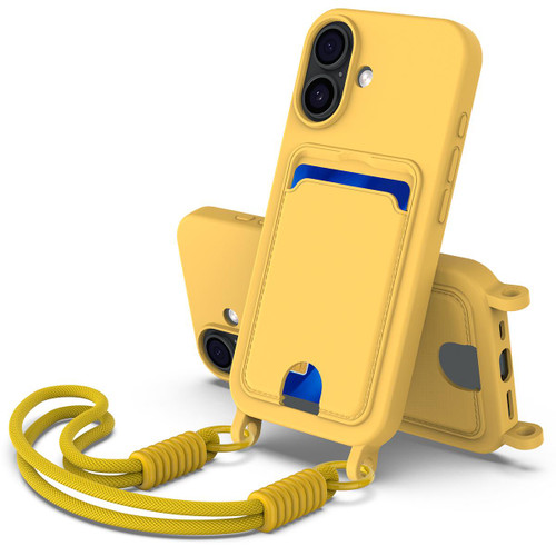 iPhone 17 Integrated Card Bag Solid Color Liquid Silicone Phone Case Gen2 with Short Lanyard - Yellow