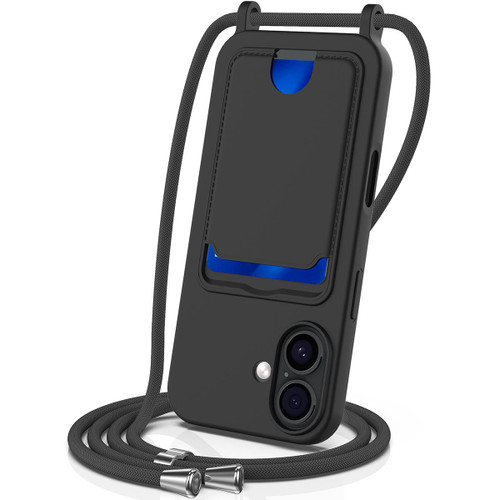 iPhone 17 Integrated Card Bag Solid Color Liquid Silicone Phone Case with Lanyard - Black iPhone 17 Integrated Card Bag Solid Color Liquid Silicone Phone Case with Lanyard - Black