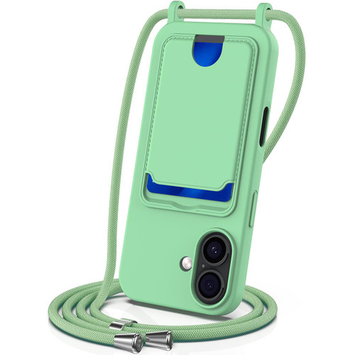 iPhone 17 Integrated Card Bag Solid Color Liquid Silicone Phone Case with Lanyard - Green iPhone 17 Integrated Card Bag Solid Color Liquid Silicone Phone Case with Lanyard - Green