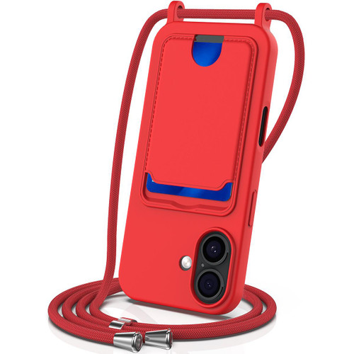 iPhone 17 Integrated Card Bag Solid Color Liquid Silicone Phone Case with Lanyard - Red iPhone 17 Integrated Card Bag Solid Color Liquid Silicone Phone Case with Lanyard - Red