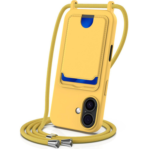 iPhone 17 Integrated Card Bag Solid Color Liquid Silicone Phone Case with Lanyard - Yellow iPhone 17 Integrated Card Bag Solid Color Liquid Silicone Phone Case with Lanyard - Yellow