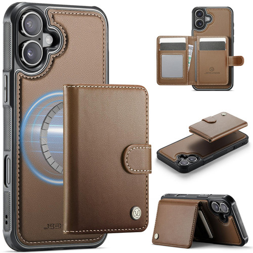 iPhone 17 JEEHOOD J09 Buckle Card Bag MagSafe Magnetic Style RFID Leather Phone Case - Brown iPhone 17 JEEHOOD J09 Buckle Card Bag MagSafe Magnetic Style RFID Leather Phone Case - Brown