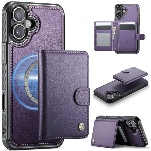 iPhone 17 JEEHOOD J09 Buckle Card Bag MagSafe Magnetic Style RFID Leather Phone Case - Purple iPhone 17 JEEHOOD J09 Buckle Card Bag MagSafe Magnetic Style RFID Leather Phone Case - Purple