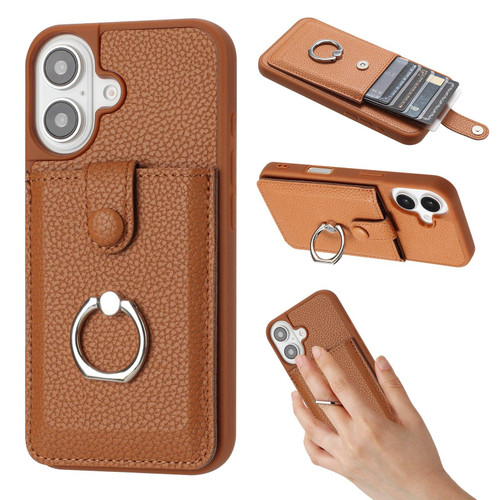 iPhone 17 Litchi Texture Drawing Card Bag Ring Holder Phone Case - Brown iPhone 17 Litchi Texture Drawing Card Bag Ring Holder Phone Case - Brown