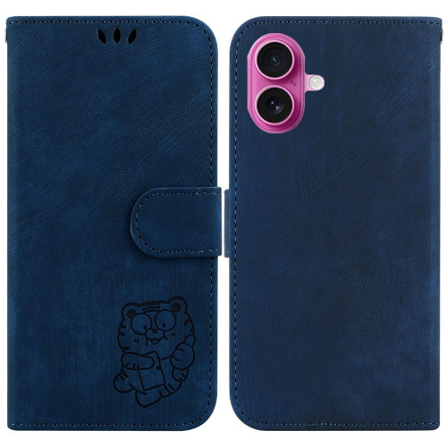 iPhone 17 Little Tiger Embossed Leather Phone Case - Dark Blue