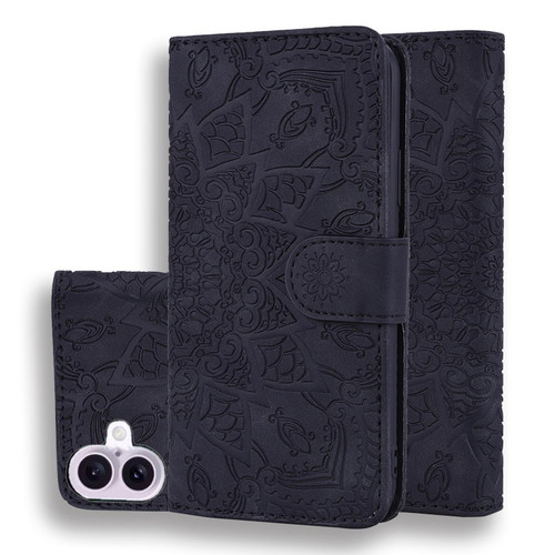 iPhone 17 Mandala Embossed Dual-Fold Calf Leather Phone Case - Black iPhone 17 Mandala Embossed Dual-Fold Calf Leather Phone Case - Black
