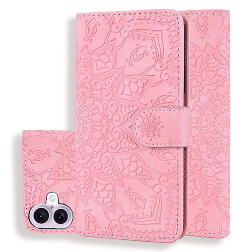 iPhone 17 Mandala Embossed Dual-Fold Calf Leather Phone Case - Pink