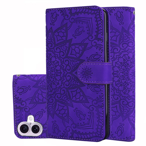 iPhone 17 Mandala Embossed Dual-Fold Calf Leather Phone Case - Purple
