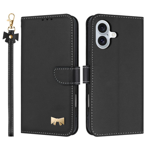iPhone 17 Metal Bow Leather Phone Case with Hand Strap - Black iPhone 17 Metal Bow Leather Phone Case with Hand Strap - Black