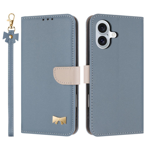 iPhone 17 Metal Bow Leather Phone Case with Hand Strap - Light Blue