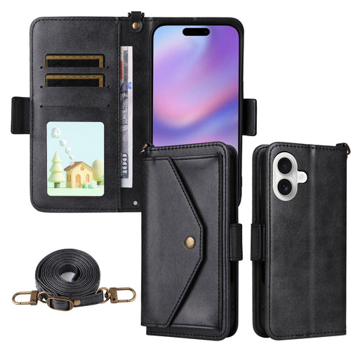 iPhone 17 Multi-card Slots Crossbody Cowhide Leather Phone Case - Black