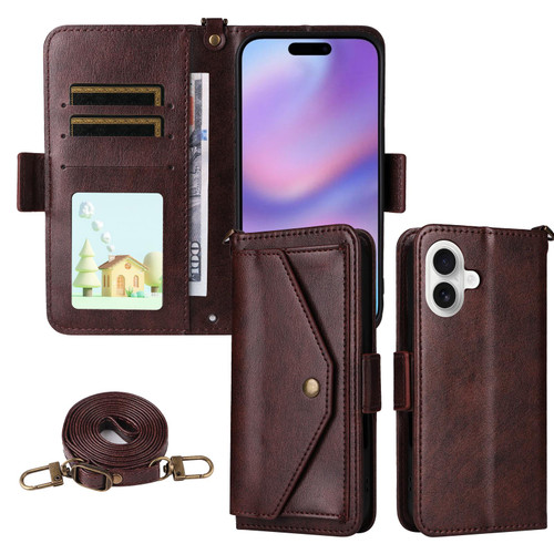 iPhone 17 Multi-card Slots Crossbody Cowhide Leather Phone Case - Brown