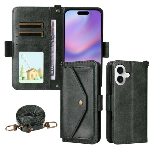 iPhone 17 Multi-card Slots Crossbody Cowhide Leather Phone Case - Green