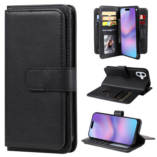 iPhone 17 Multi-Function Wallet 10 Card Slots Leather Phone Case - Black