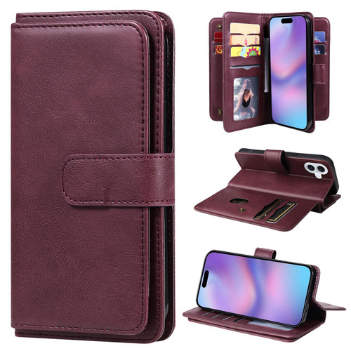 iPhone 17 Multi-Function Wallet 10 Card Slots Leather Phone Case - Claret