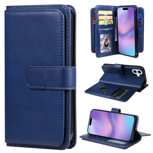 iPhone 17 Multi-Function Wallet 10 Card Slots Leather Phone Case - Dark Blue