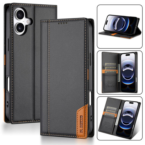 iPhone 17 N.BEKUS P3 RFID Stitching Magnetic Flip Leather Phone Case - Black