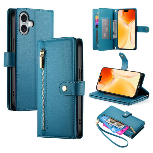 iPhone 17 Nine Card-slot Zipper Wallet Bag Leather Phone Case - Blue