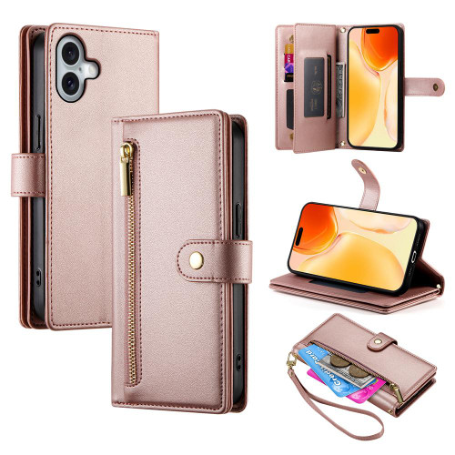 iPhone 17 Nine Card-slot Zipper Wallet Bag Leather Phone Case - Pink