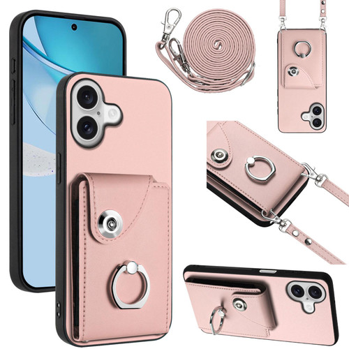 iPhone 17 Organ Card Bag Ring Holder Phone Case with Long Lanyard - Pink