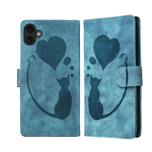 iPhone 17 Pen Heart Cat Embossed Leather Phone Case - Blue