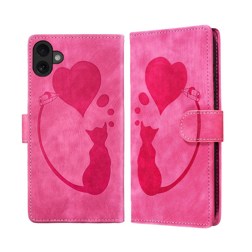 iPhone 17 Pen Heart Cat Embossed Leather Phone Case - Pink