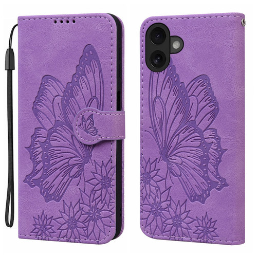 iPhone 17 Retro Skin Feel Butterflies Embossing Horizontal Flip Leather Phone Case - Purple