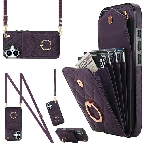 iPhone 17 Rhombic Texture Card Bag Phone Case with Long Lanyard - Dark Purple