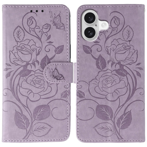 iPhone 17 Rose Butterfly Embossed Leather Phone Case - Purple