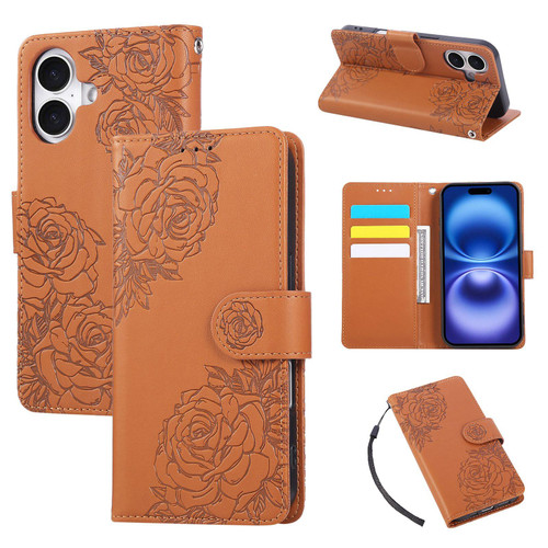 iPhone 17 Rose Flower Embossed 3-Card Slots Leather Phone Case - Brown