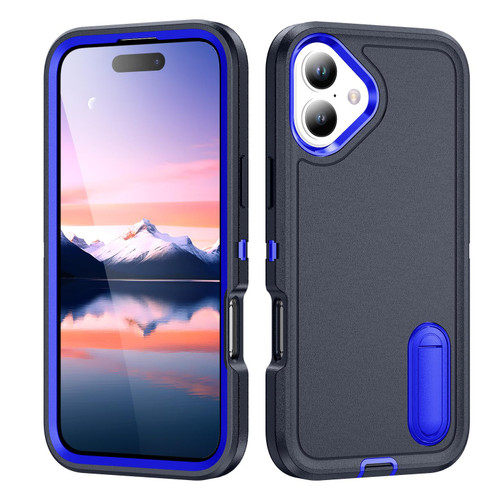 iPhone 17 Rugged PC + Silicone Phone Case with Holder - Dark Blue+Royal Blue