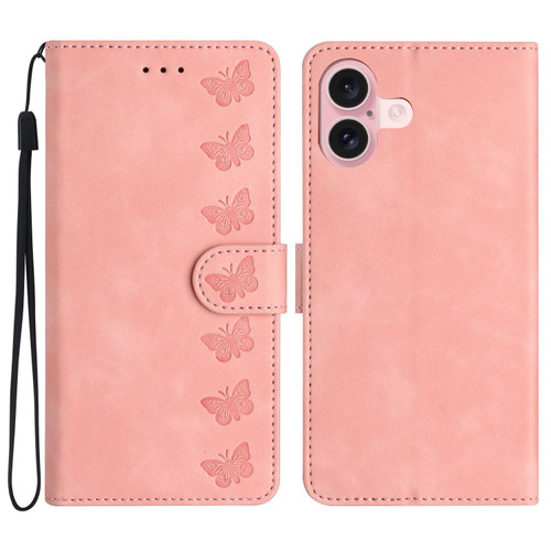 iPhone 17 Seven Butterflies Embossed Leather Phone Case - Pink