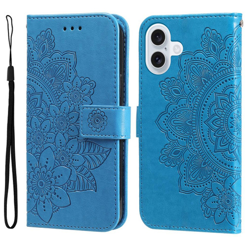 iPhone 17 Seven-petal Flowers Embossing Leather Phone Case - Blue