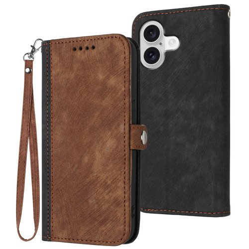 iPhone 17 Side Buckle Double Fold Hand Strap Leather Phone Case - Brown