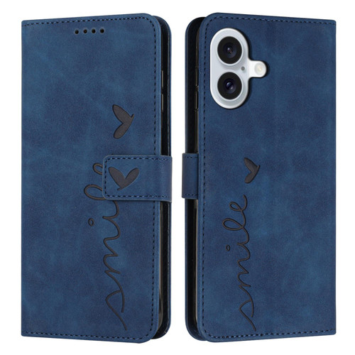 iPhone 17 Skin Feel Heart Embossed Leather Phone Case with Long Lanyard - Blue