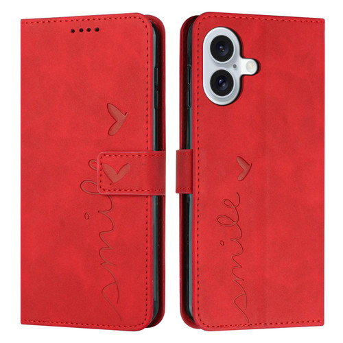 iPhone 17 Skin Feel Heart Embossed Leather Phone Case with Long Lanyard - Red