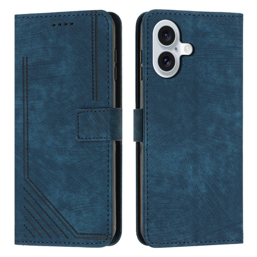 iPhone 17 Skin Feel Stripe Pattern Leather Phone Case with Lanyard - Blue