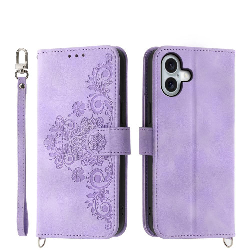 iPhone 17 Skin-feel Flowers Embossed Wallet Leather Phone Case - Purple
