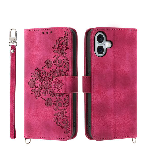 iPhone 17 Skin-feel Flowers Embossed Wallet Leather Phone Case - Wine Red
