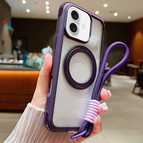 iPhone 17 Solid Color Edge Transparency Rotation Holder MagSafe Phone Case with Wrist Strap - Dark Purple
